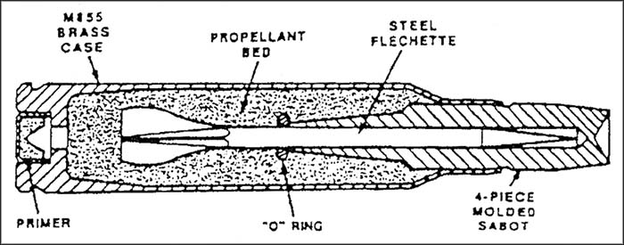 Diagram showing AAI's saboted flechette round inside a 5.56x45mm M855 case (US Army)