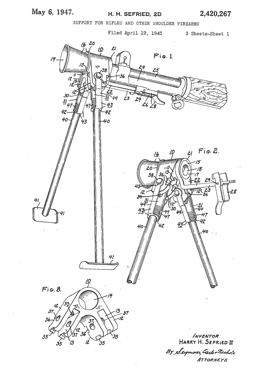 Sefried's April 1945 bipod and flash hider patent (US Patent Office)